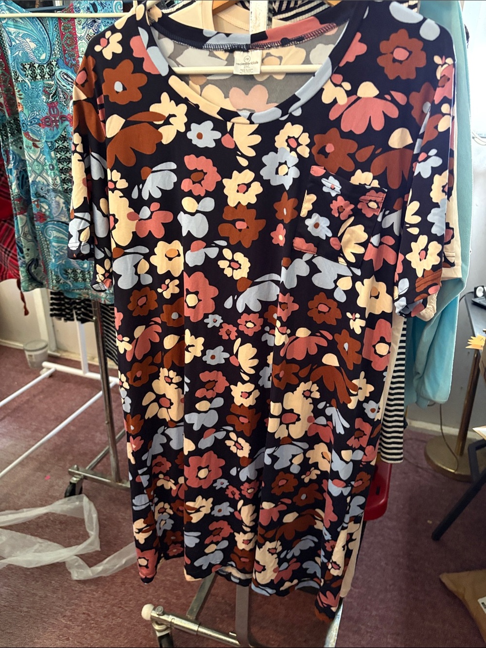 Women's Floral Midi Dress in Black and Brown - Pocket Tee Style